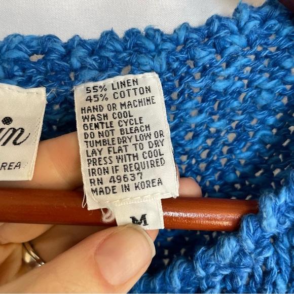 DONAGAIN Women’s Vintage Blue Linen Knit Short Sleeve Sweater Size Medium - Picture 3 of 9